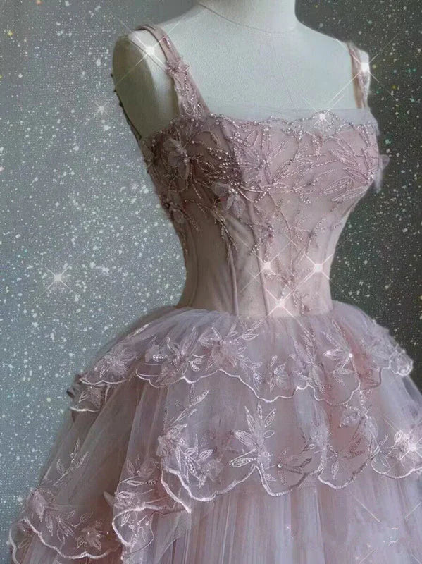 Pink Exquisite Beading Long Tulle Ball Gown Evening Dress Party Dress gh4896