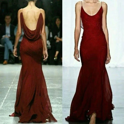 Vintage Burgundy Mermiad Applique Spaghetti Strap Long Prom Dress Evening Dress HZ1024