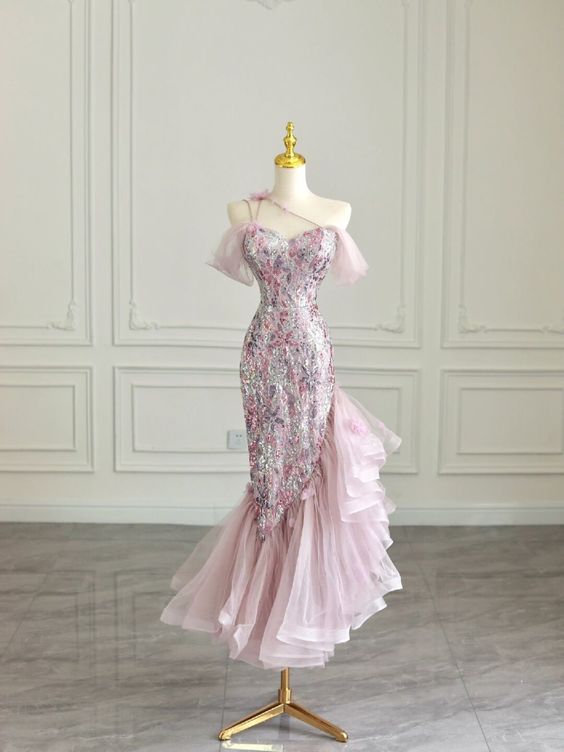 High Low Off The Shoulder Tulle Pink Tiered Prom Dresses Evening Dress P2037