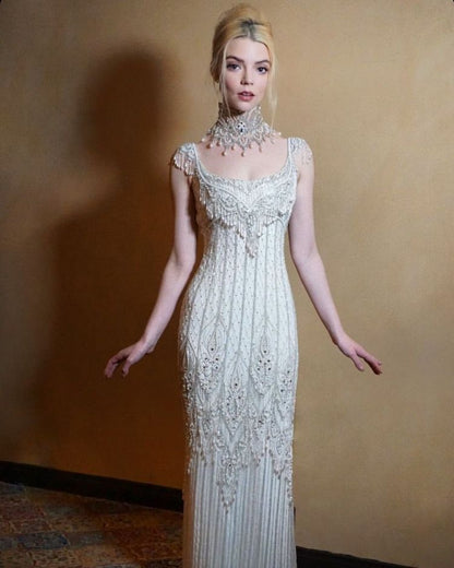 Gorgeous Ivory Mermaid Square Neck Tassel Sequined Long Prom Dress Evening Dress cc4906