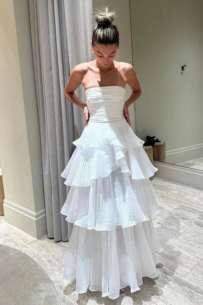 Vintage White Chiffon Strapless A-Line Tiered Prom Dress Party Dress Evening Dress HZ1024