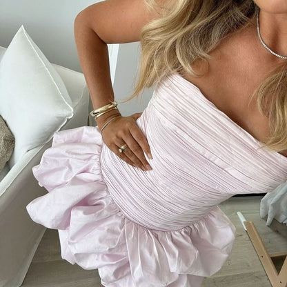 Sweet Light Pink Tube Top Pleated Satin Bud 16th Birthday Homecoming Dress cc4219