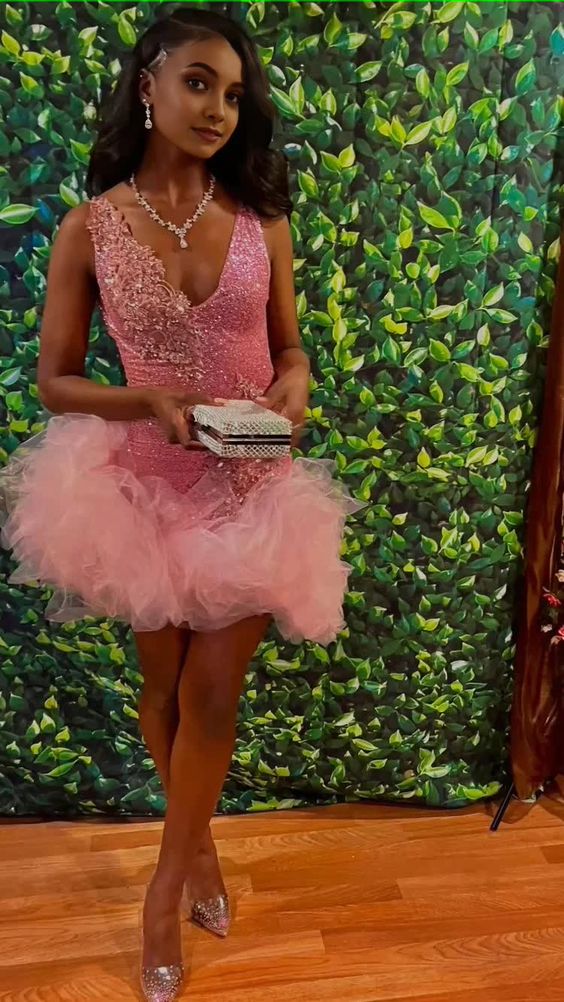 Vintage Pink Applique Beaded A-Line Short Party Dress Cocktail Dress Homecoming Dress HZ1024