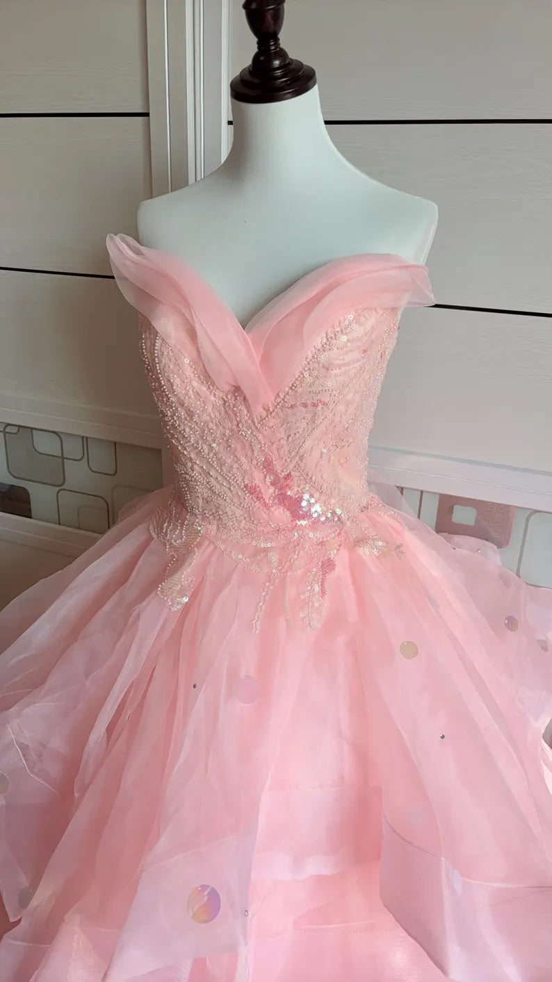 Dreamy Princess Pink Strapless Sequined Beaded Layered Tulle Ball Gown Evening Dress cc4934