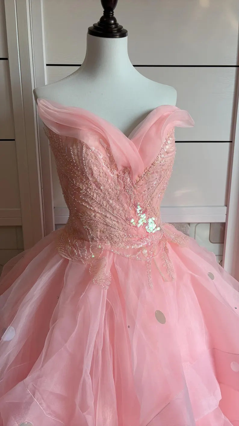 Dreamy Princess Pink Strapless Sequined Beaded Layered Tulle Ball Gown Evening Dress cc4934