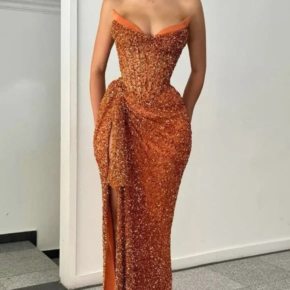 Luxurious Orange Mermaid Strapless High-Slit Sequined Long Prom Dress Evening Dress cc4936