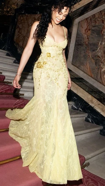 Beautiful Yellow Mermaid Halter Lace Train Prom Dress Evening Dress cc4942