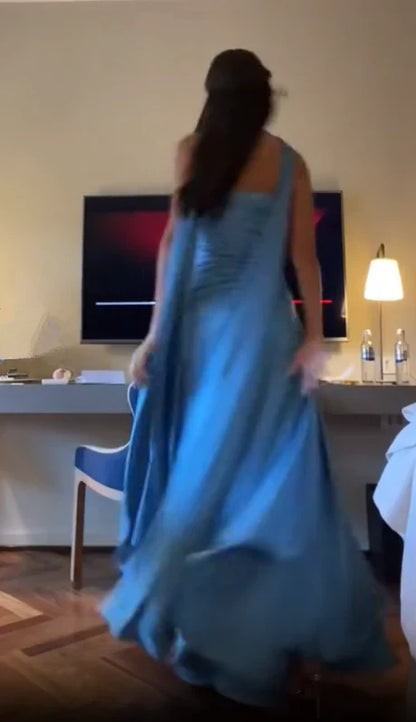 Simple A line Spaghetti Straps Blue Satin Prom Dresses Birthday Outfits P2450