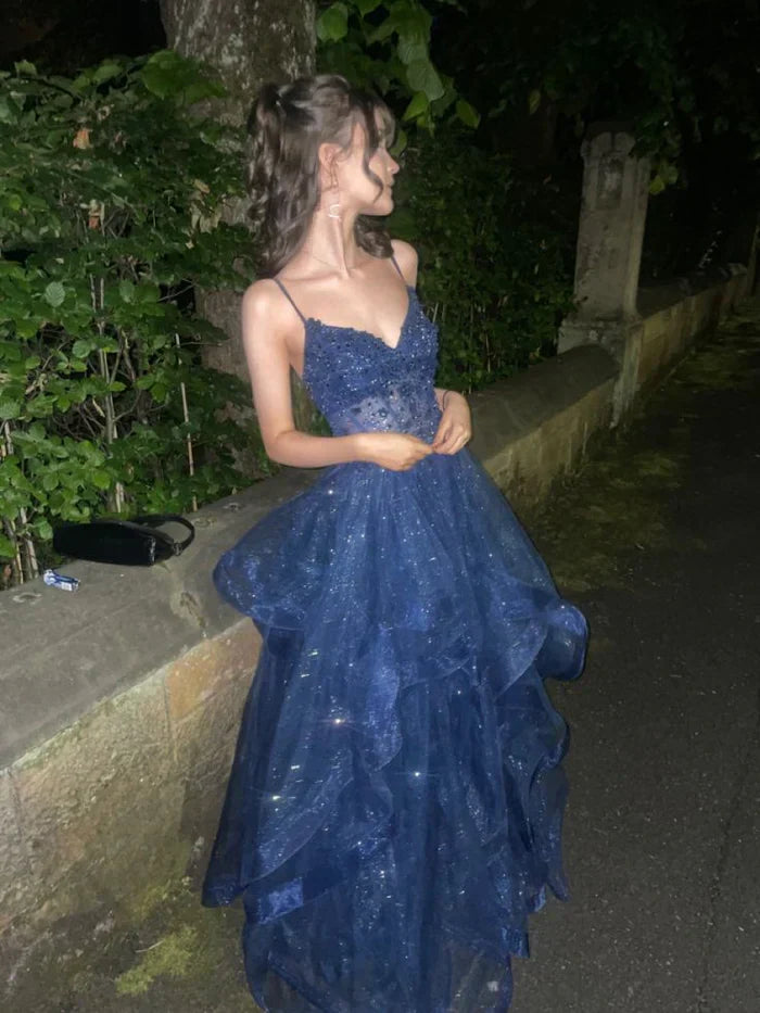 Navy Blue A Line Formal Outfit Tiered Tulle Long Prom Evening Gown