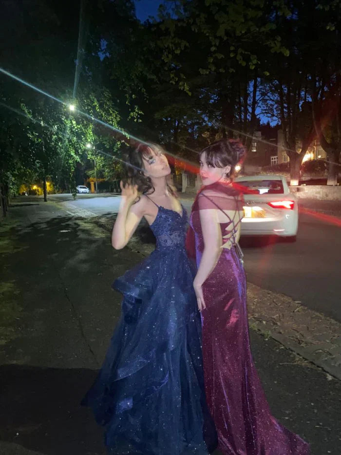 Navy Blue A Line Formal Outfit Tiered Tulle Long Prom Evening Gown
