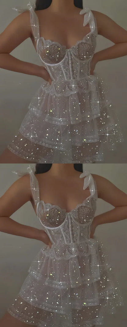 Sweet White Glitter Bow Strap Tulle A-line 16th Birthday Homecoming Dress cc4246