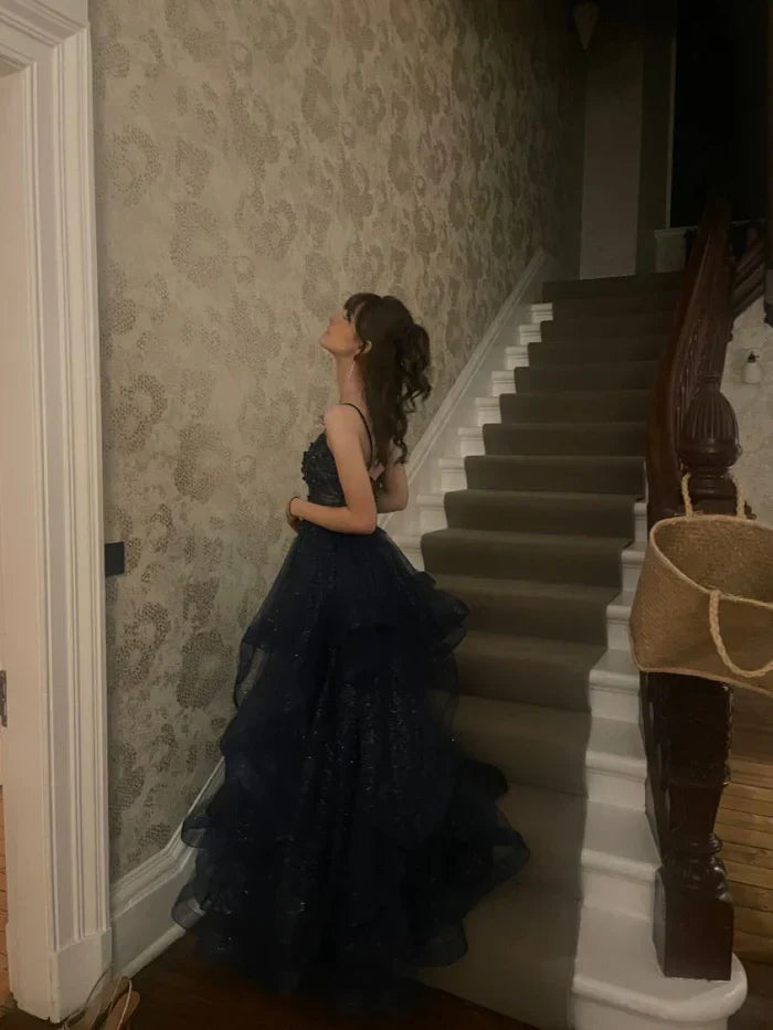 Navy Blue A Line Formal Outfit Tiered Tulle Long Prom Evening Gown