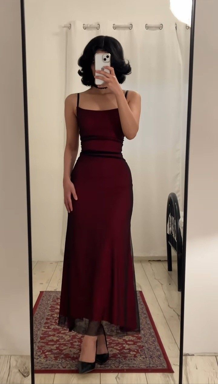 Simple Burgundy Mermaid Square Neck Halter Tulle Long Prom Dress Evening Dress cc4949