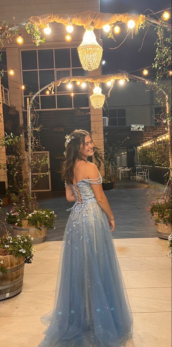 Princess Light Blue A-line Off-shoulder Tulle Long Prom Dress Evening Dress cc4952