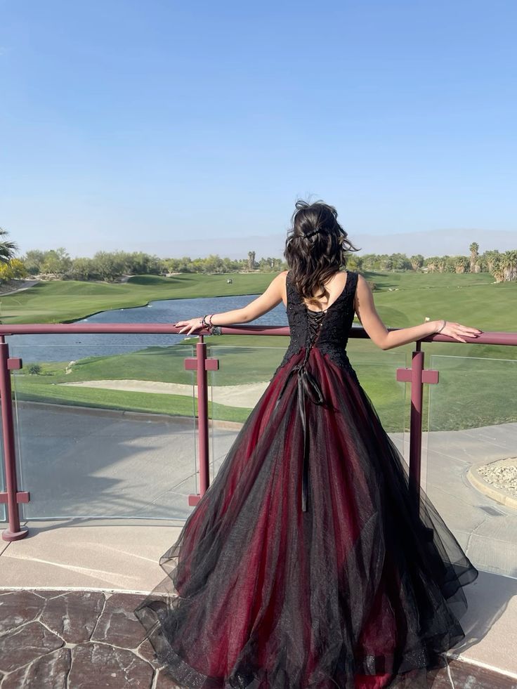 Retro Red And Black A-line Deep V-neck Tulle Long Prom Dress Evening Dress cc4954