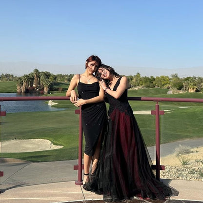 Retro Red And Black A-line Deep V-neck Tulle Long Prom Dress Evening Dress cc4954