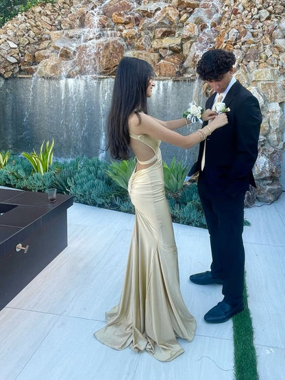 Elegant Champagne Gold Mermaid Halter Neck Backless Satin Long Prom Dress Evening Dress cc4958