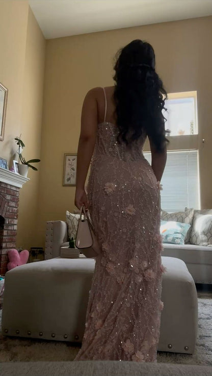 Elegant Pink Mermaid 3D Floral Bead Embroidery Sequin High Slit Long Prom Dress Evening Dress cc4964