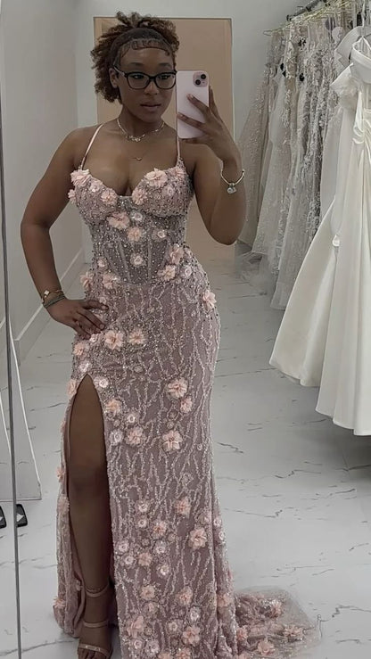 Elegant Pink Mermaid 3D Floral Bead Embroidery Sequin High Slit Long Prom Dress Evening Dress cc4964