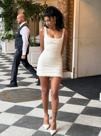 Elegant White Square Neck Tweed Slim Fit Hip 17th Birthday Homecoming Dress cc4266
