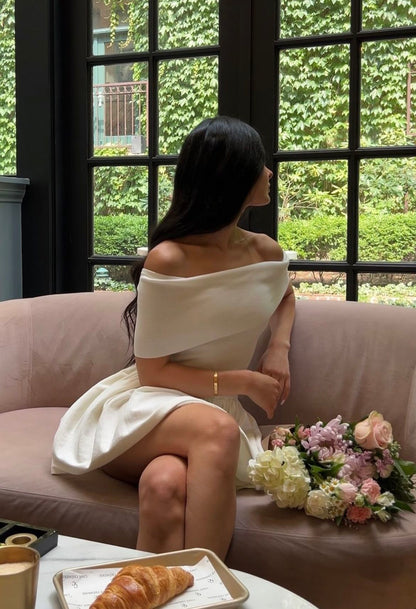 Elegant White Off-the-shoulder Satin A-line 19th Birthday Homecoming Dress cc4267