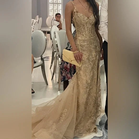 Elegant Champagne Mermaid V-neck Sequin Embroidered Slit Prom Dress Evening Dress cc4968