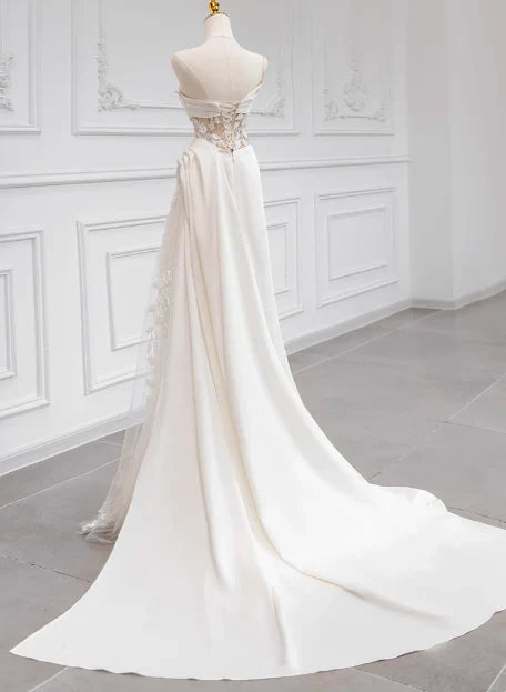 Girlhomeshops-White satin floral lace off-the-shoulder long floor-length wedding dress prom dress gh5393