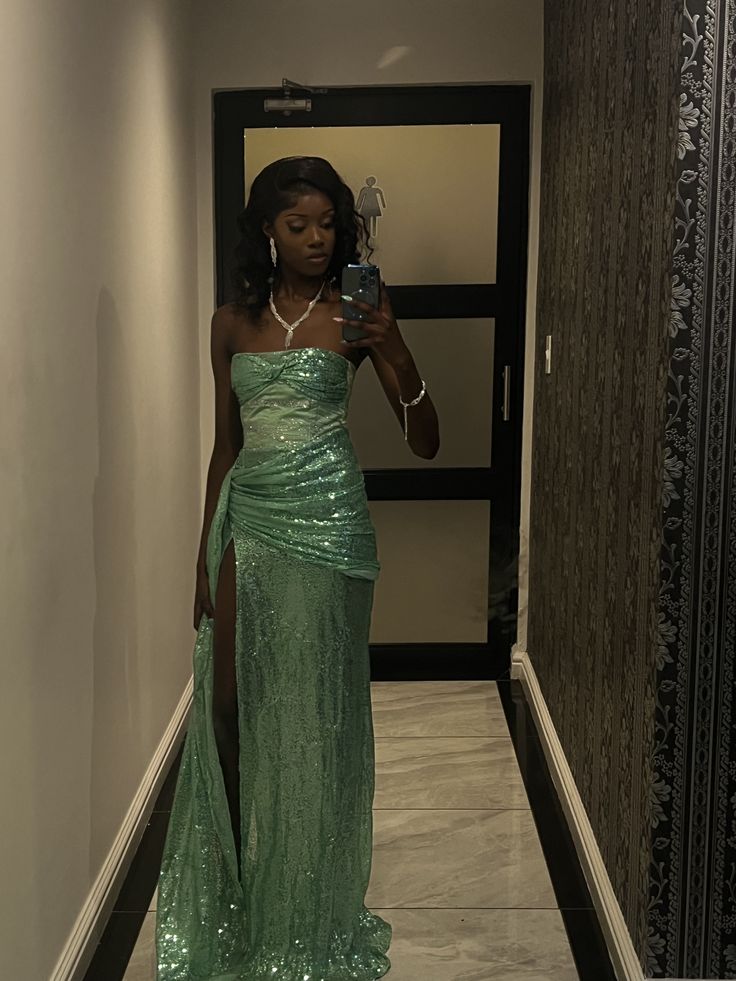 Sexy Mint Green Mermaid Strapless High Slit Sequin Long Evening Dress cc4978