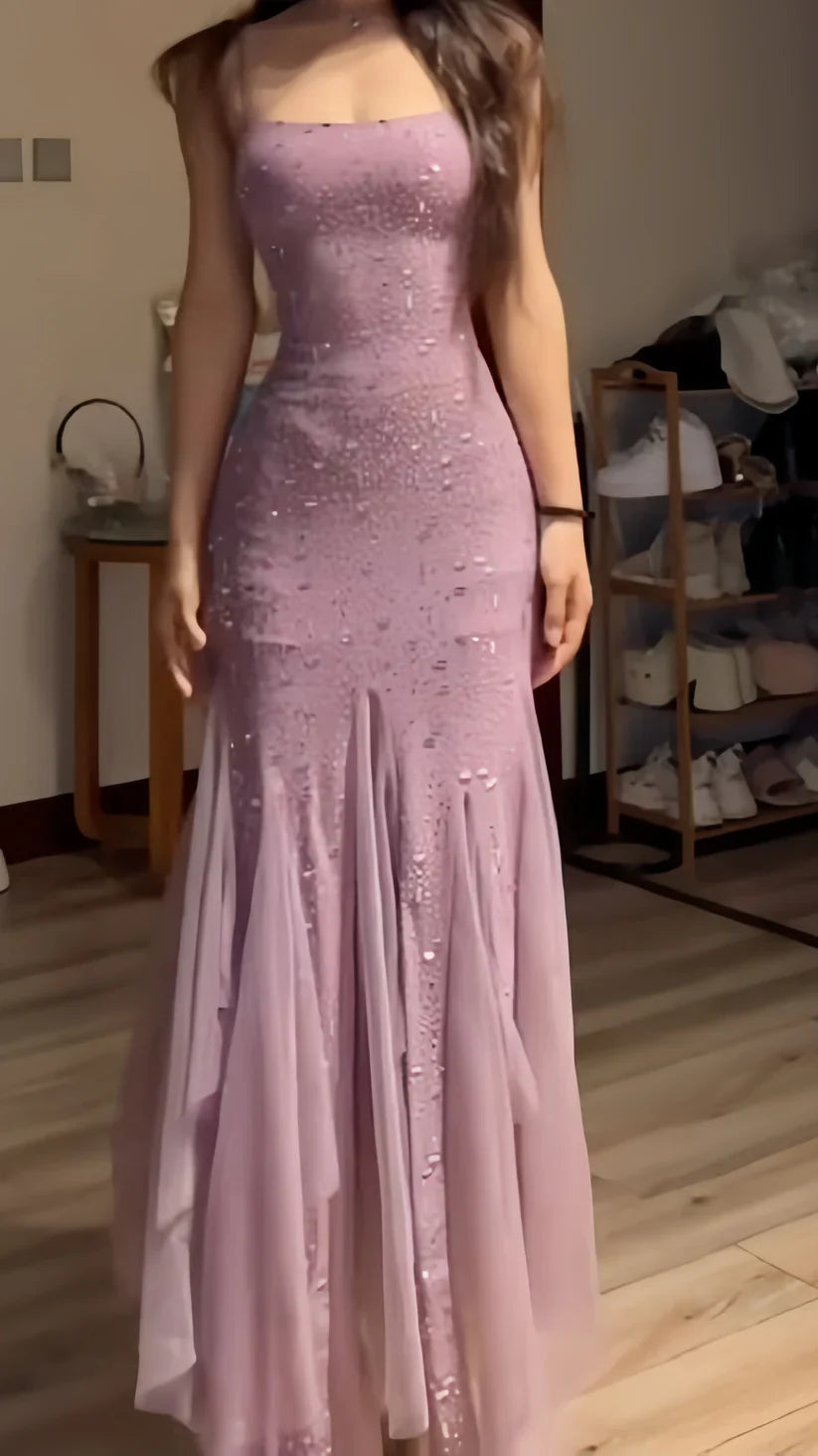 Elegant Purple Mermaid Off-shoulder Strap Sequin Chiffon Long Prom Dress Evening Dress cc4981