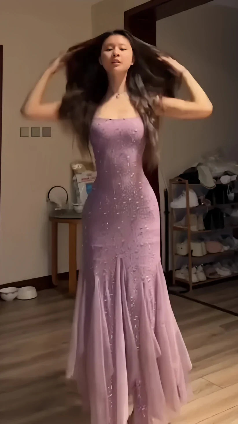 Elegant Purple Mermaid Off-shoulder Strap Sequin Chiffon Long Prom Dress Evening Dress cc4981