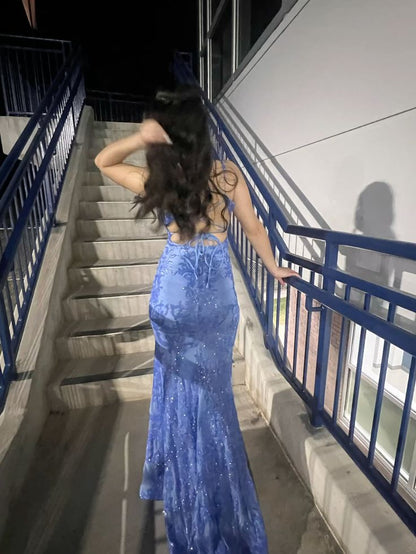 Beautiful Blue Mermaid Deep V-neck Strap Slit Sequin Embroidery Long Prom Dress Evening Dress cc4982