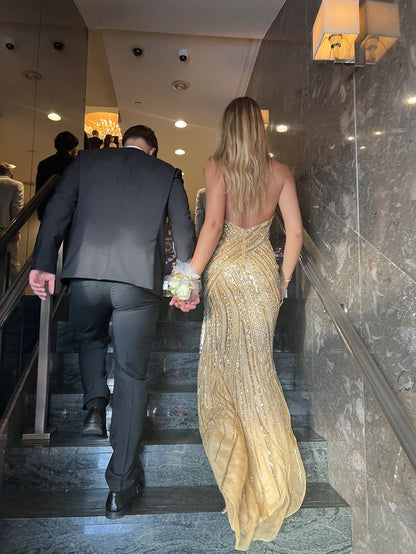Luxury Golden Mermaid Deep V-neck Strap Slit Sequin Long Prom Dress Evening Dress cc4984