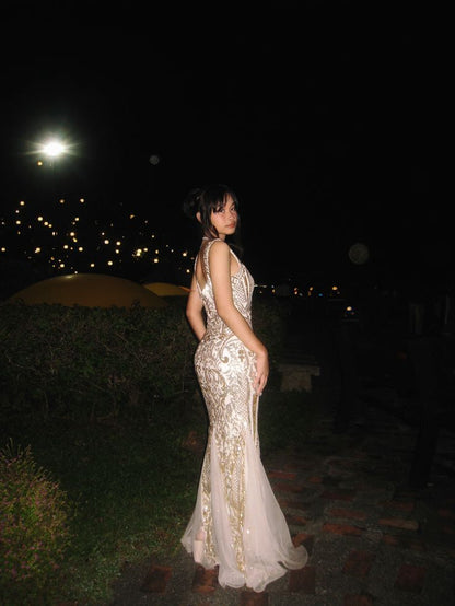 Elegant Mermaid V-neck Embroidered Sequin Long Prom Dress Evening Dress cc4986
