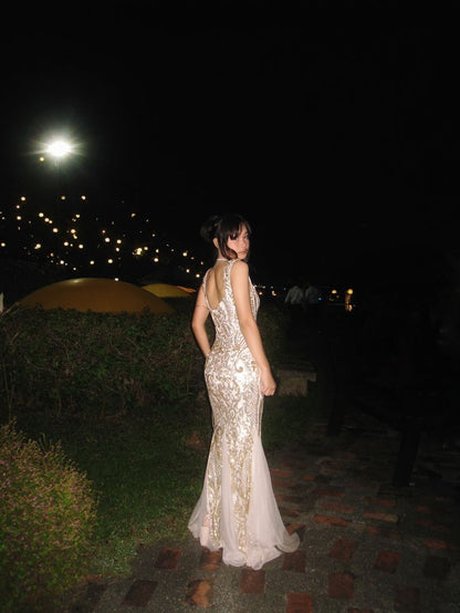 Elegant Mermaid V-neck Embroidered Sequin Long Prom Dress Evening Dress cc4986