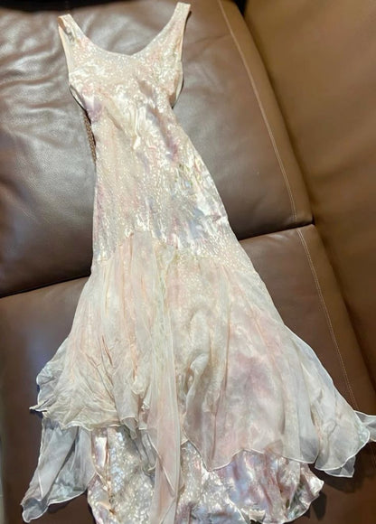 Dreamy Light Pink Gradient Floral Print Mermaid Shoulder Strap Chiffon Long Prom Dress Evening Dress cc4989