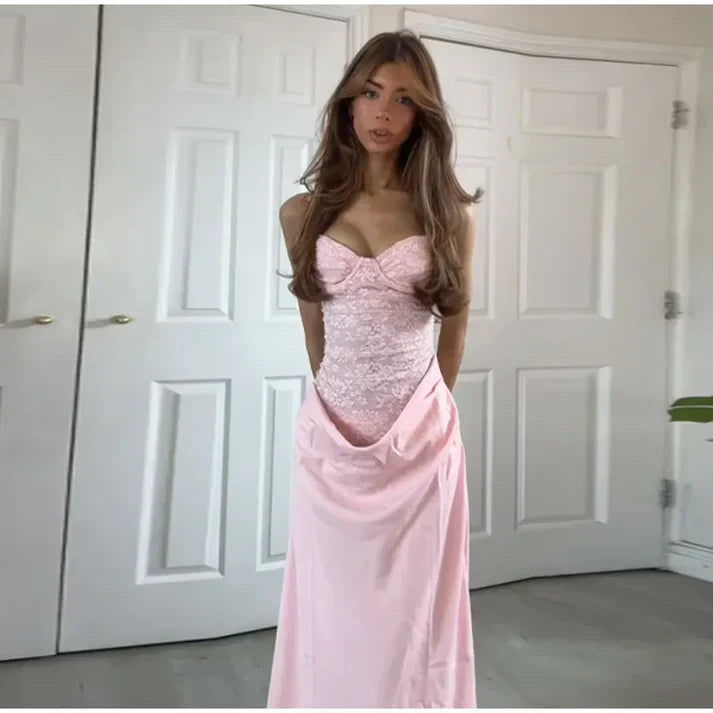 Elegant Pink Mermaid Strapless Lace Satin Long Prom Dress Evening Dress Bridesmaid Dress cc4990