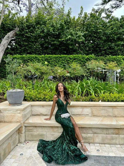 Luxurious Dark Green Mermaid Deep V Halter High Slit Sequined Train Prom Dress Evening Dress cc4991