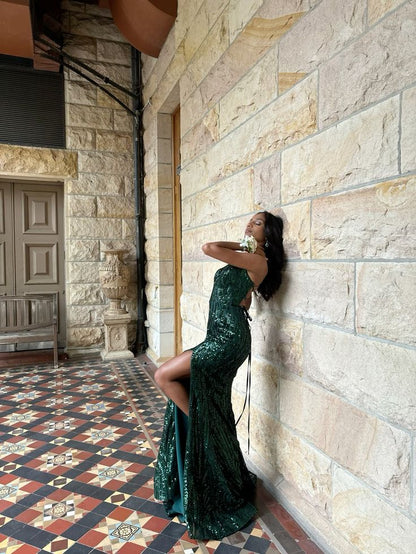 Luxurious Dark Green Mermaid Deep V Halter High Slit Sequined Train Prom Dress Evening Dress cc4991
