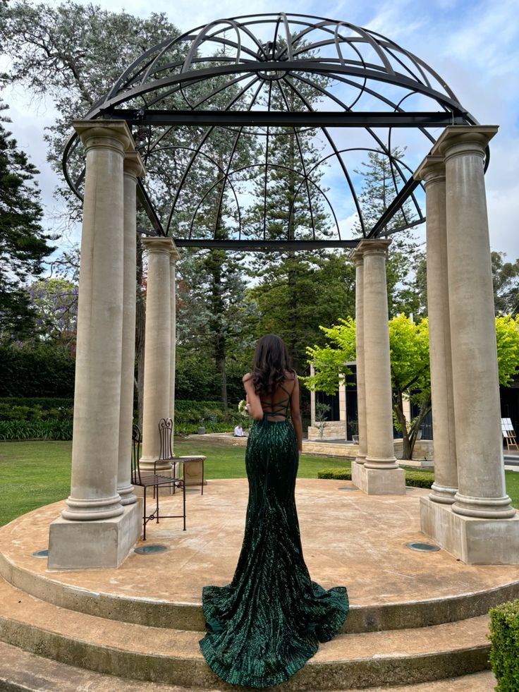 Luxurious Dark Green Mermaid Deep V Halter High Slit Sequined Train Prom Dress Evening Dress cc4991