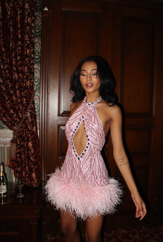 Luxurious Pink Halterneck Deep V-neck Feather Skirt 17th Birthday Homecoming Dress cc4300