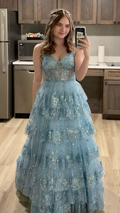 Dreamy Blue A-line Strappy V-neck Ruffled Sequined Tulle Long Prom Dress Evening Dress cc5000