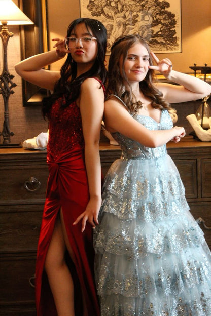 Dreamy Blue A-line Strappy V-neck Ruffled Sequined Tulle Long Prom Dress Evening Dress cc5000