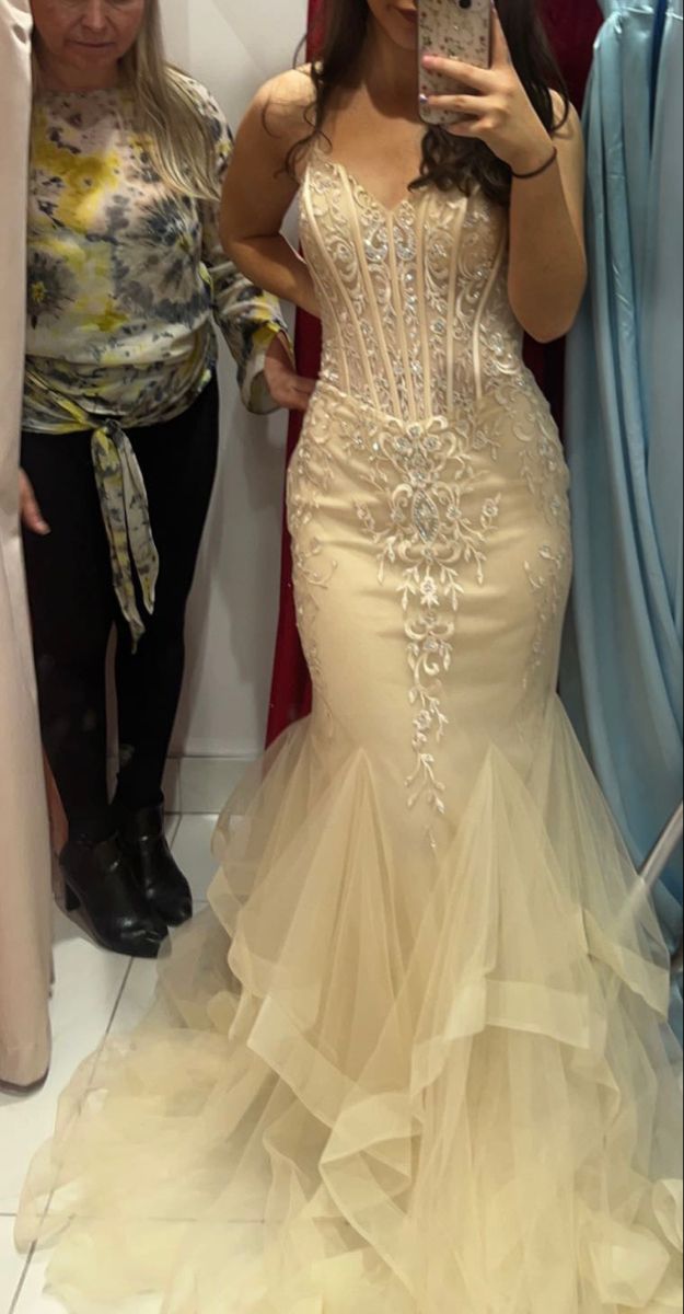 Elegant Pale Yellow Mermaid V-neck Embroidered Tulle Train Prom Dress Evening Dress cc5006
