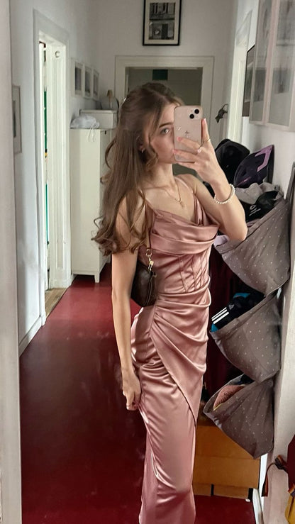 Elegant Pink Mermaid Long Satin Prom Dress Evening Dress cc5007