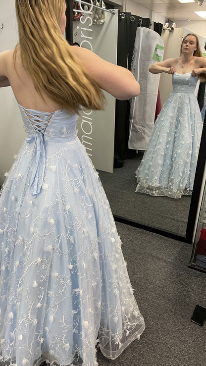 Elegant Light Blue A-line Strapless Embroidered Tulle Long Prom Dress Evening Dress cc5011