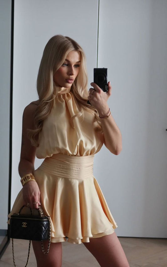 Elegant Pale Yellow High Collar Halter Neck Waist Satin A-line 17th Birthday Homecoming Dress cc4319