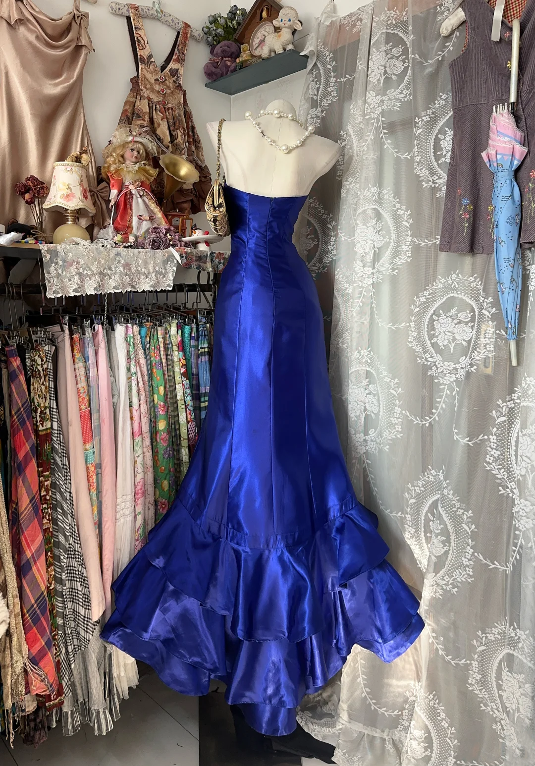 Strapless Royal Blue Satin Prom Dress Mermaid Tiered Ruffled Skirt Formal Dresses