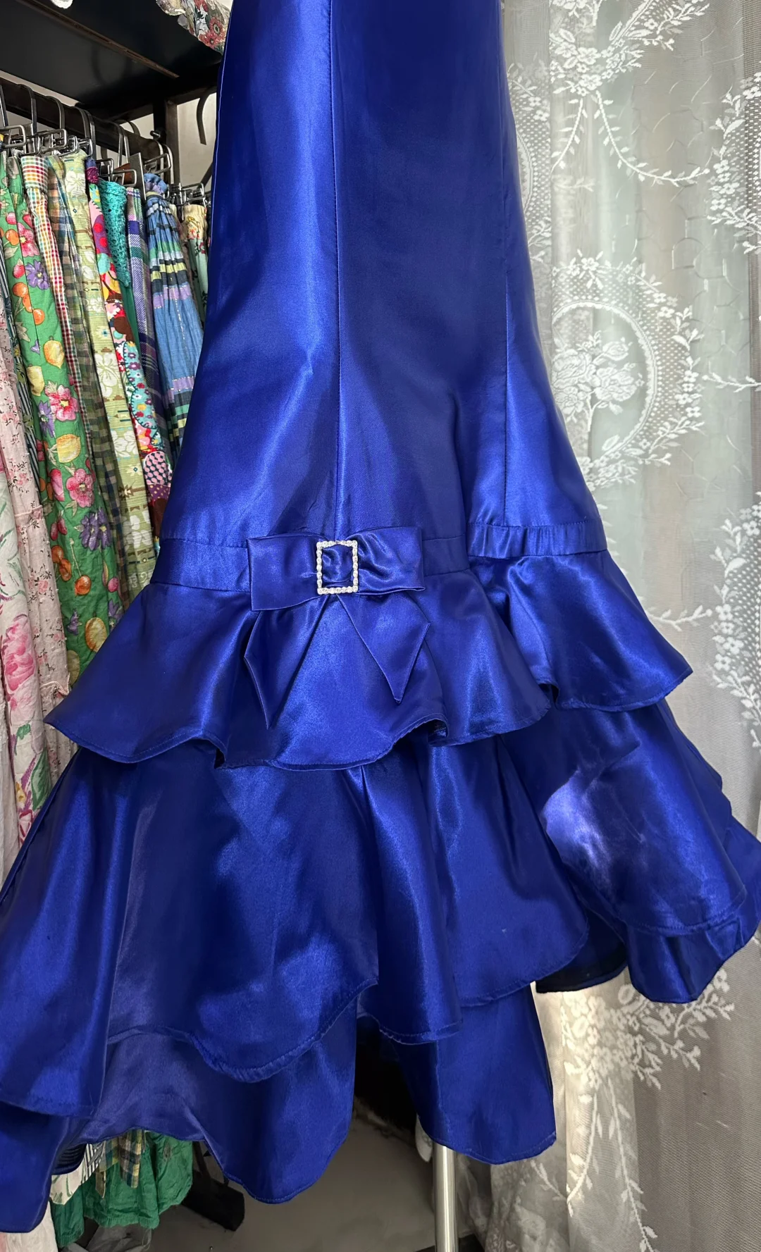 Strapless Royal Blue Satin Prom Dress Mermaid Tiered Ruffled Skirt Formal Dresses