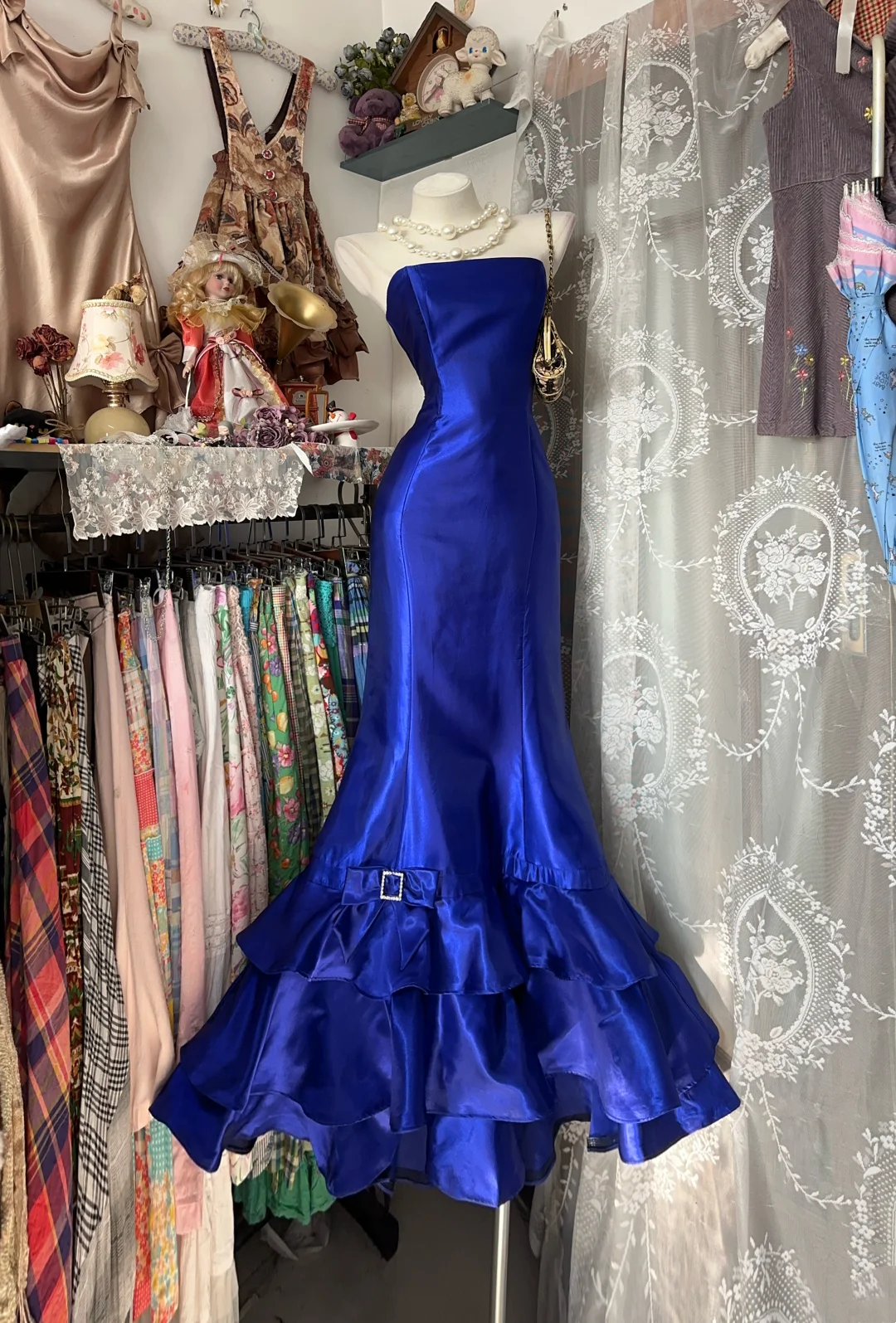 Strapless Royal Blue Satin Prom Dress Mermaid Tiered Ruffled Skirt Formal Dresses