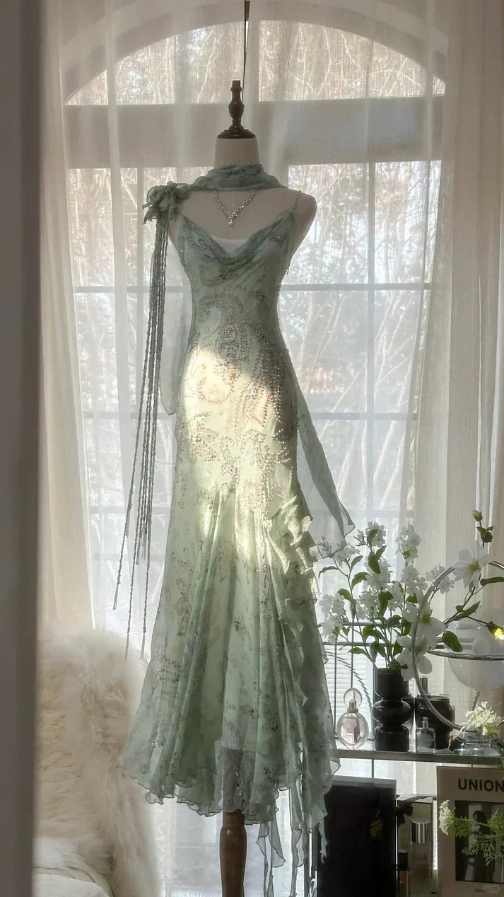 Gorgeous Light Green Cowl Neck Glittering Beaded Spaghetti Strap Chiffon Mermaid Prom Dress Evening Dress HZ1024